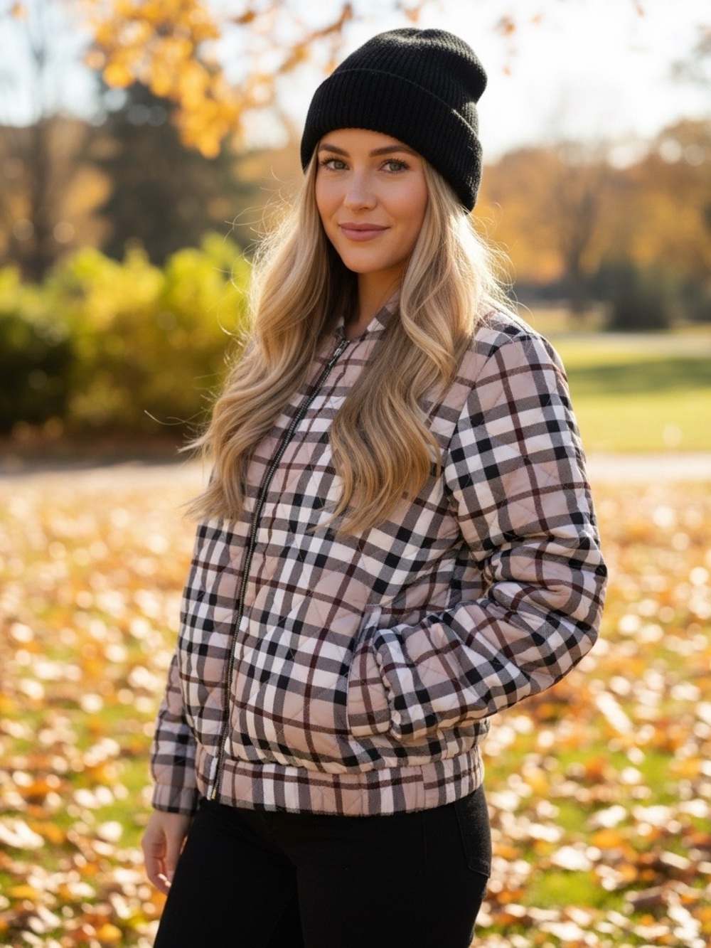 Plaid Quilted Bomber Jacket - Pink/Black